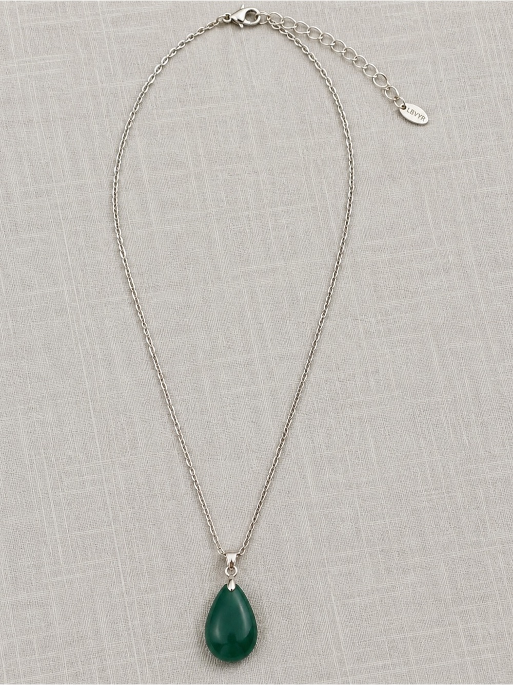 Green Teardrop Stone Pendant Necklace Silver Tone Chain LBVYR Signed